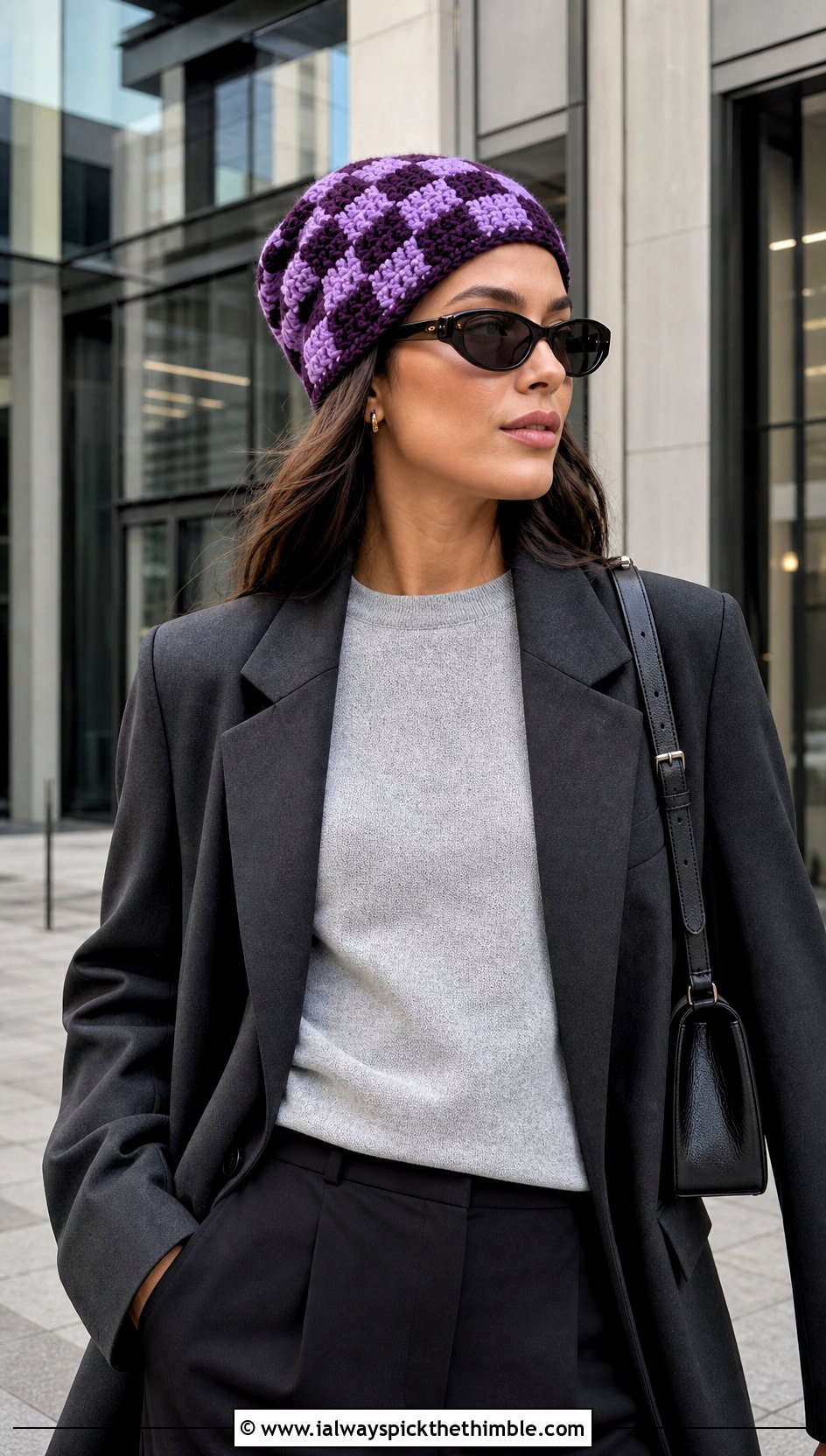 Slouchy Checkered Beanie With Oversized Blazer - 25 crochet checkered beanie outfit ideas
