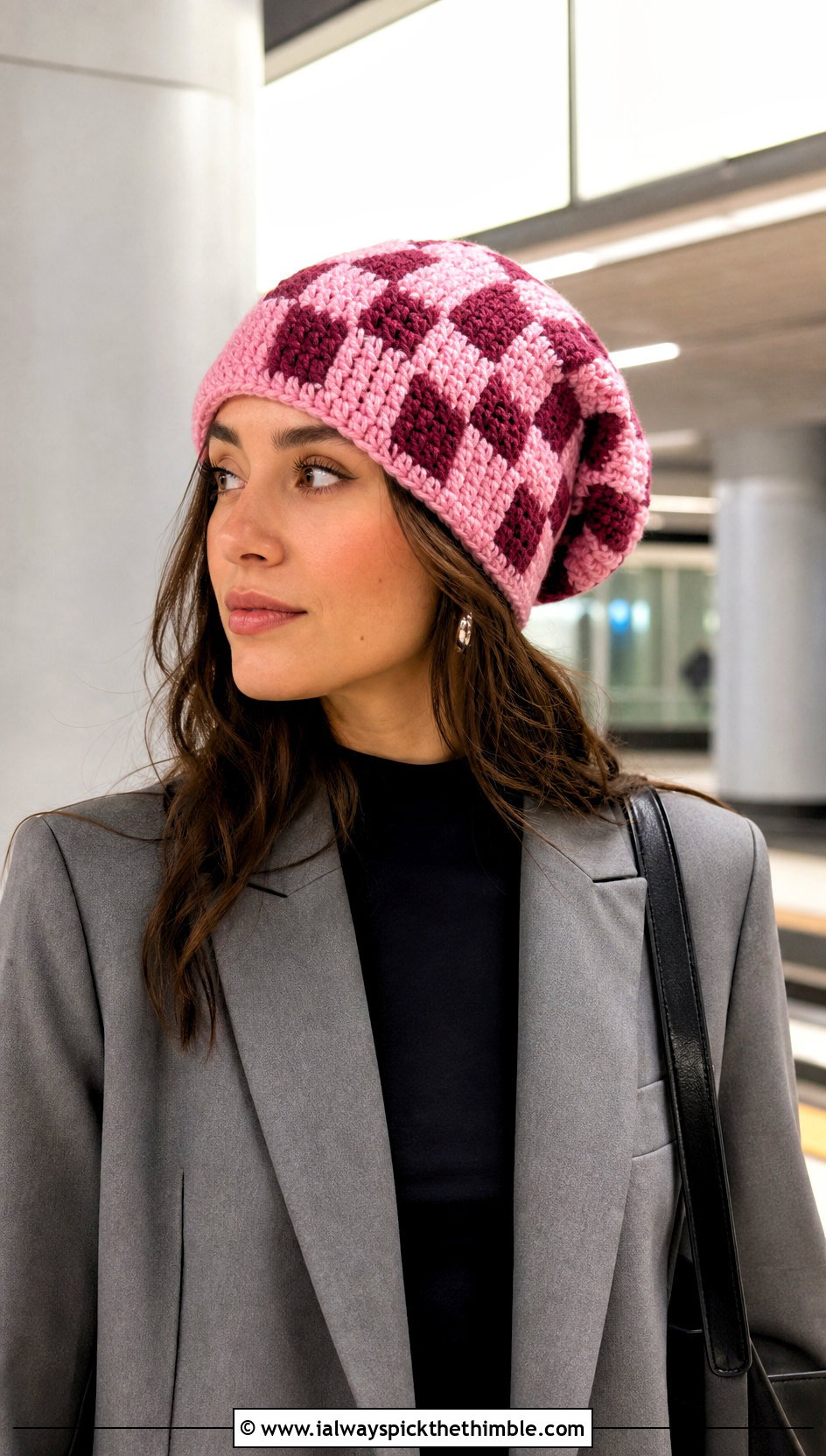 Slouchy Checkered Crochet Beanie With Blazer And Leggings - 15 Checkered Crochet Hat outfit ideas