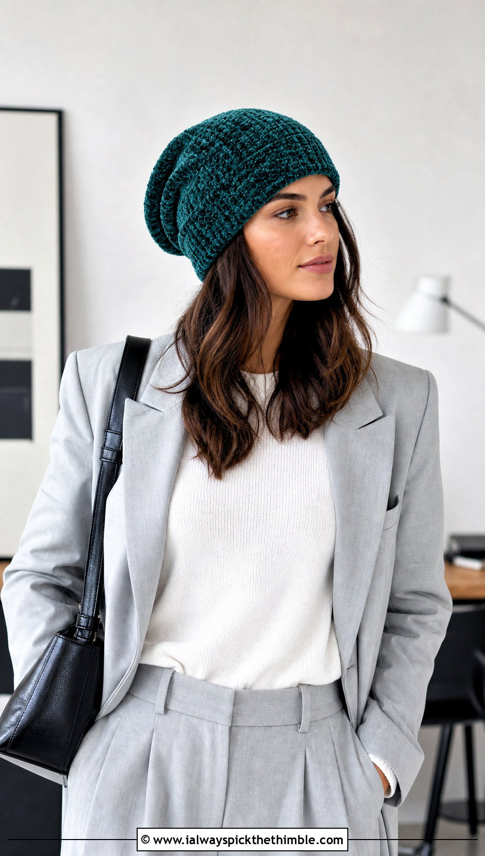 Slouchy Chenille Beanie With Blazer And Trousers - 20 crochet chenille hat outfit ideas