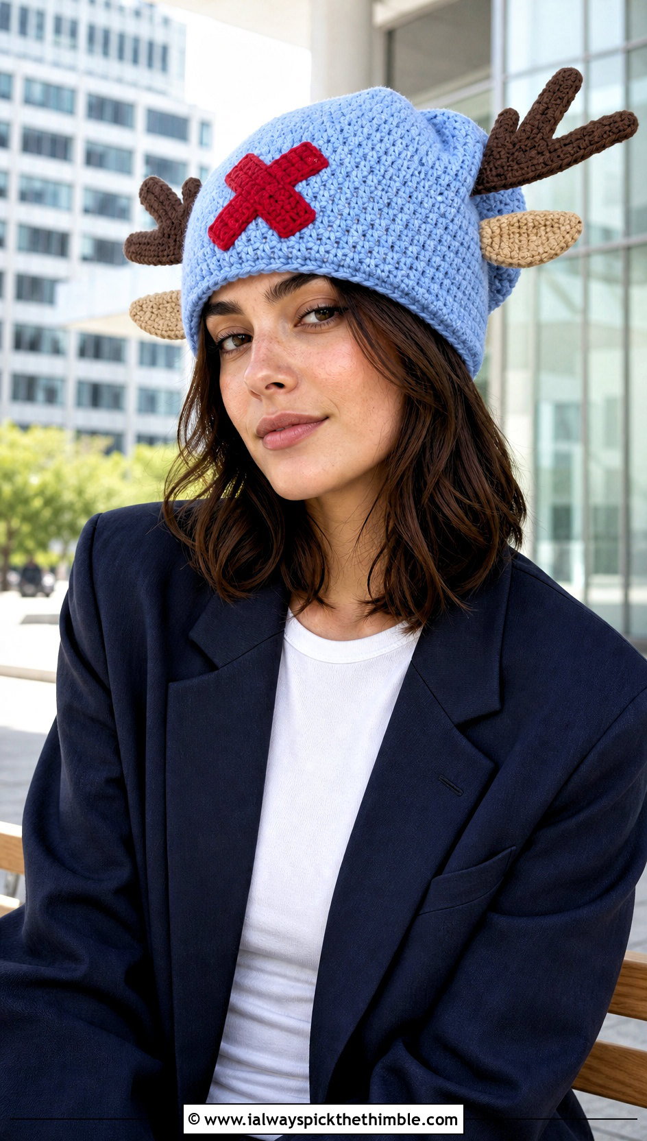 Slouchy Chopper Crochet Beanie With Oversized Blazer And Trousers - 20 chopper crochet hat outfit ideas