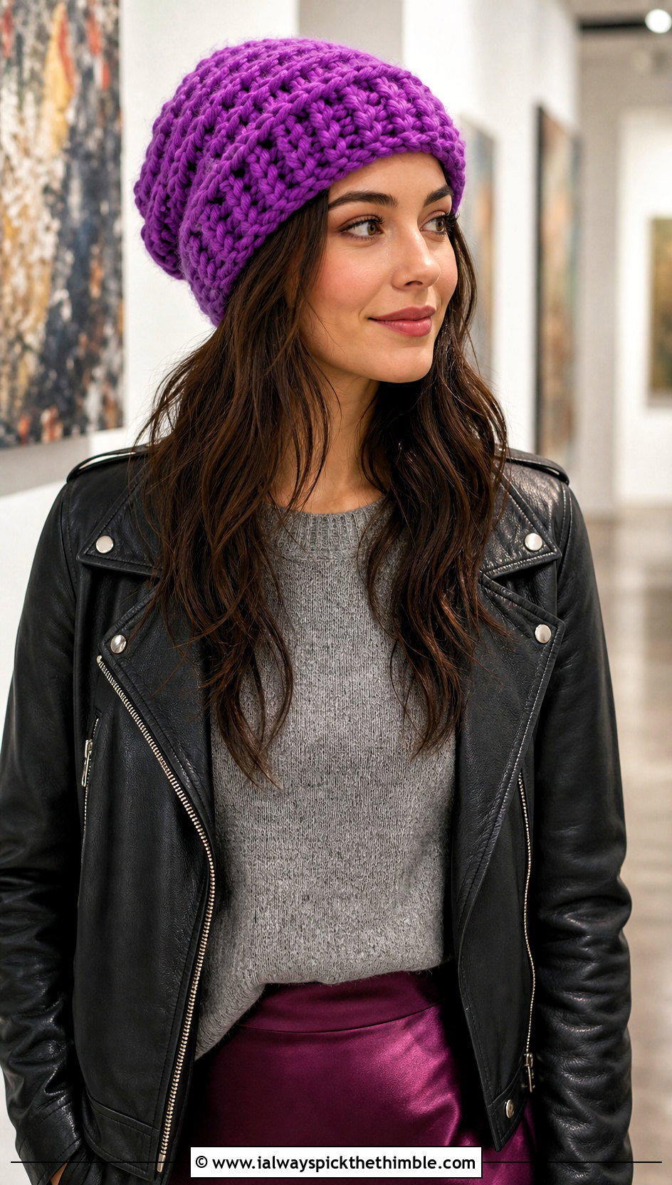 Slouchy Chunky Crochet Beanie With Leather Jacket And Satin Skirt - 20 Easy Chunky Crochet Hat outfit ideas