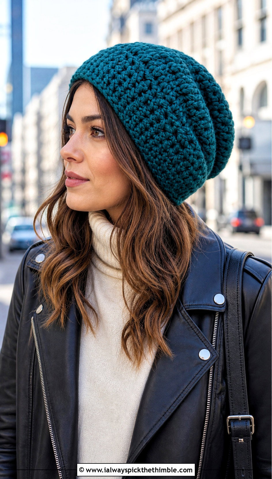 Slouchy Chunky Crochet Beanie With Leather Jacket - 20 Chunky Yarn Crochet Hats outfit ideas
