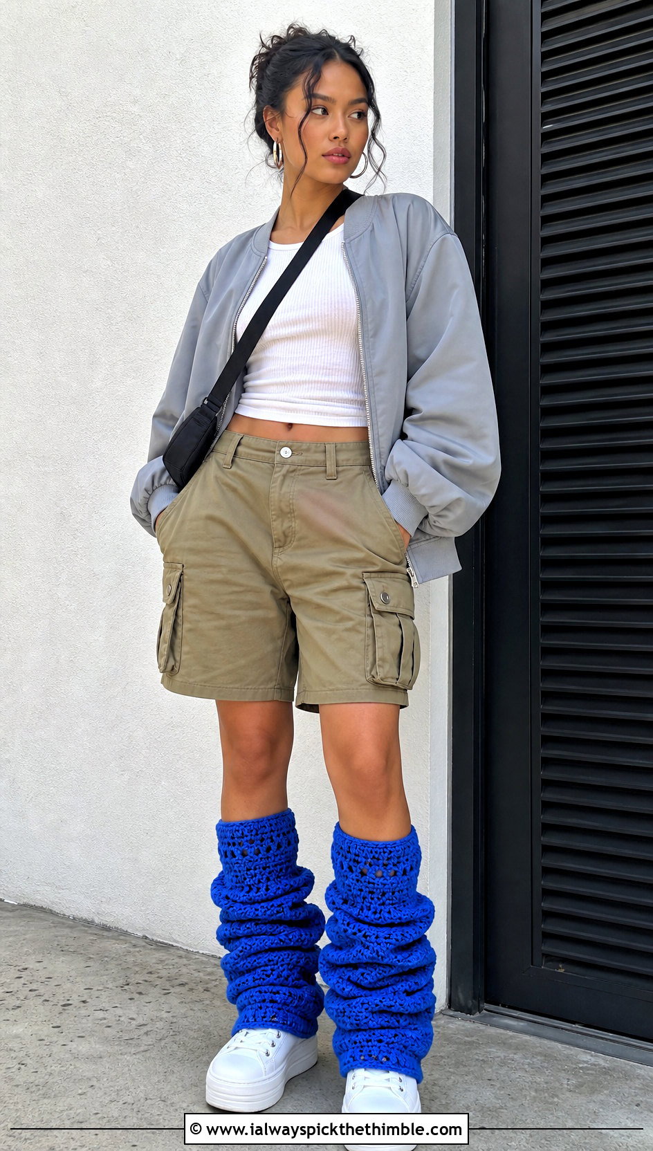 Slouchy Chunky Crochet Leg Warmers With Cargo Shorts And Platform Sneakers - 20 chunky crochet leg warmers outfit ideas