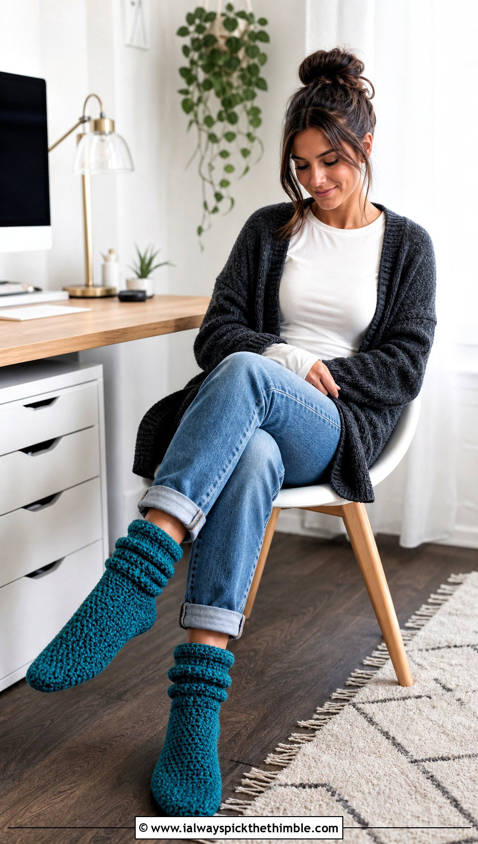 Slouchy Chunky Crochet Slipper Socks With Straight Leg Jeans - 15 chunky crochet slipper socks outfit ideas