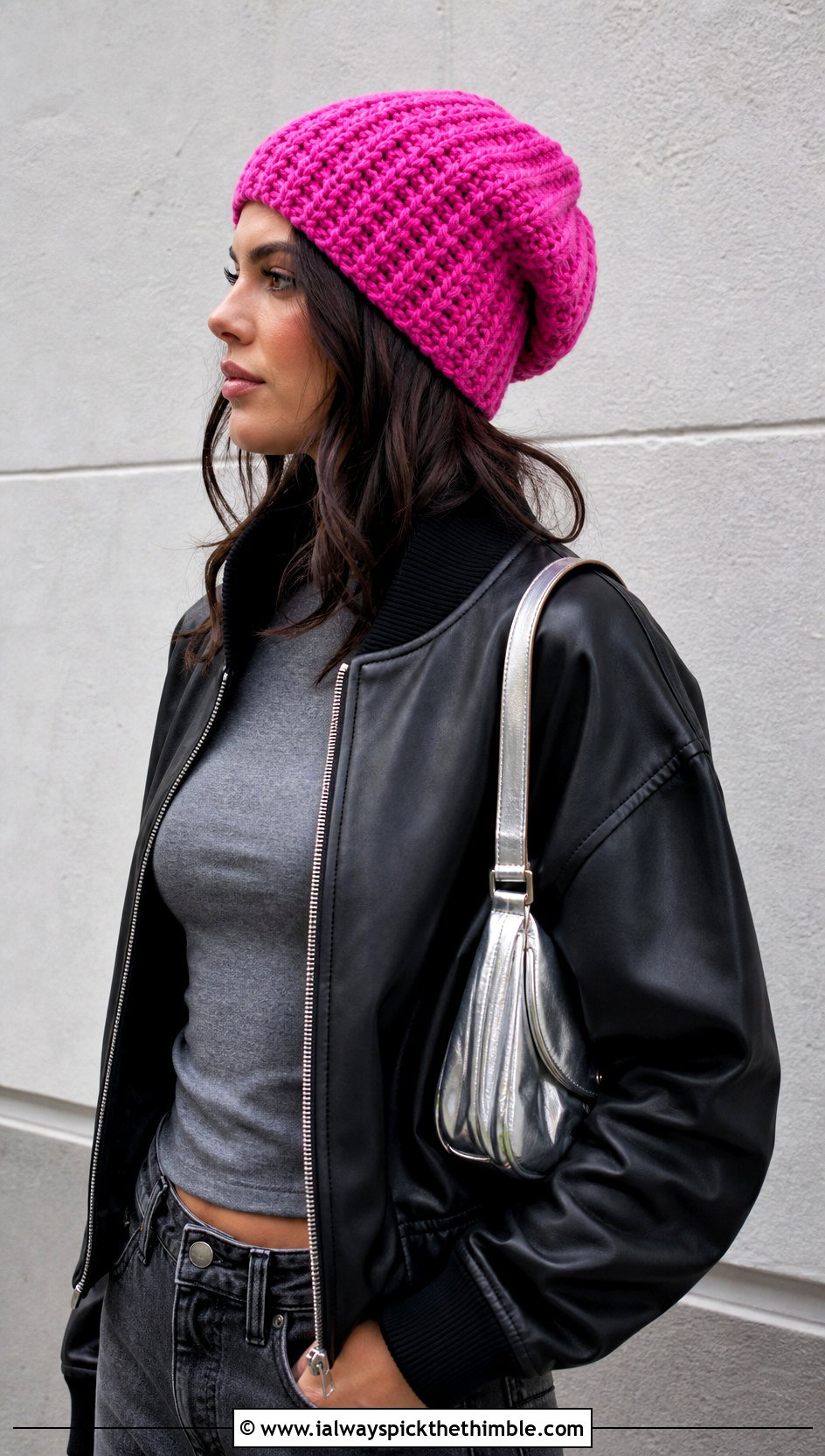 Slouchy Chunky Ribbed Crochet Hat With Leather Bomber - 20 Chunky Ribbed Crochet Hat outfit ideas