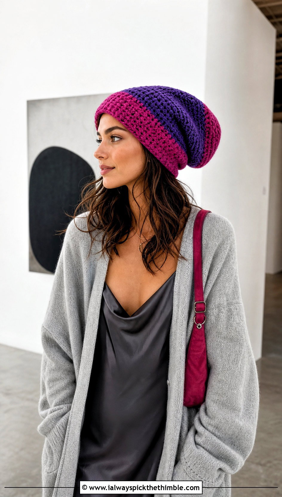 Slouchy Color Block Two Tone Crochet Beanie With Slip Dress - 15 two tone crochet beanie outfit ideas