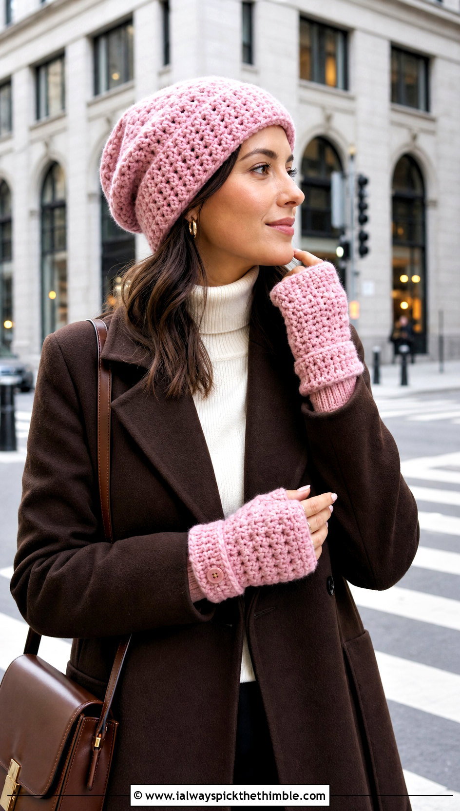Slouchy Crochet Beanie And Convertible Mittens With A Wool Coat - 15 Crochet Hat And Gloves outfit ideas