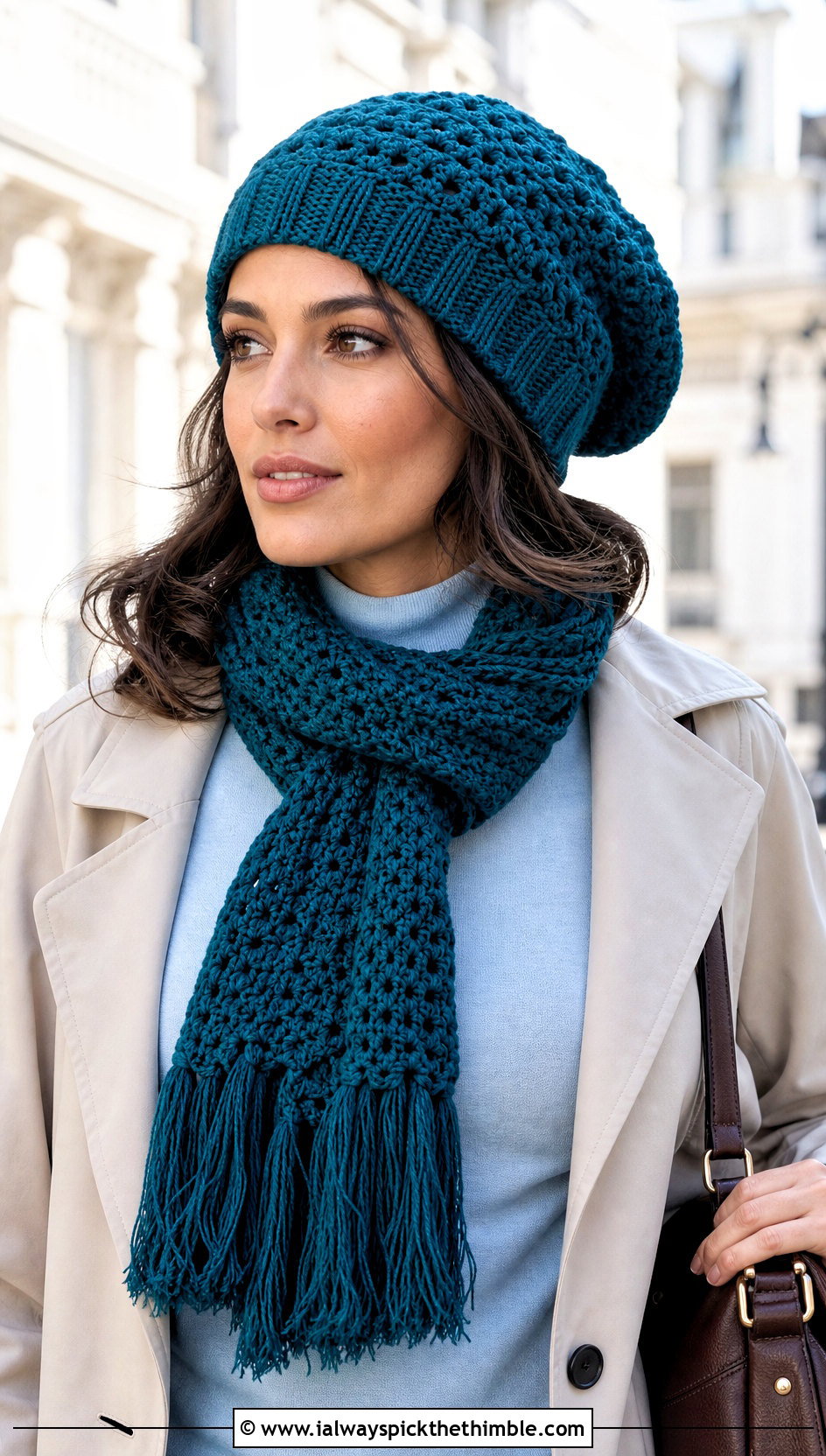 Slouchy Crochet Beanie And Fringed Scarf With Trench Coat - 20 crochet hat scarf outfit ideas