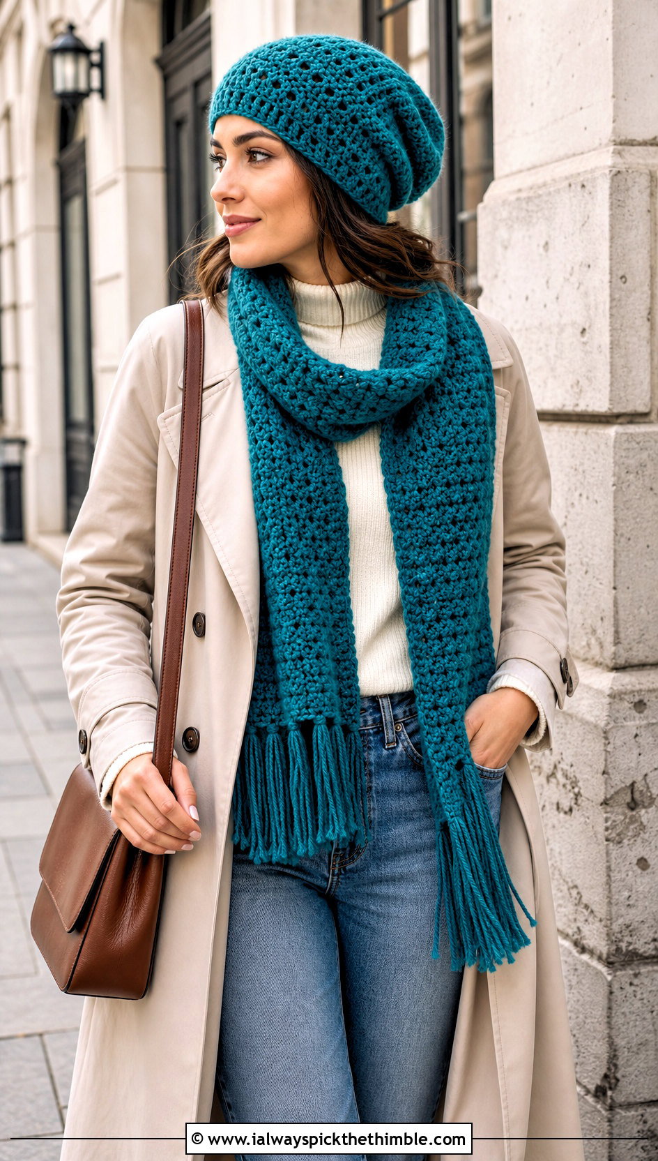 Slouchy Crochet Beanie And Fringed Scarf With Trench Coat - 20 crochet scarf hat combo outfit ideas