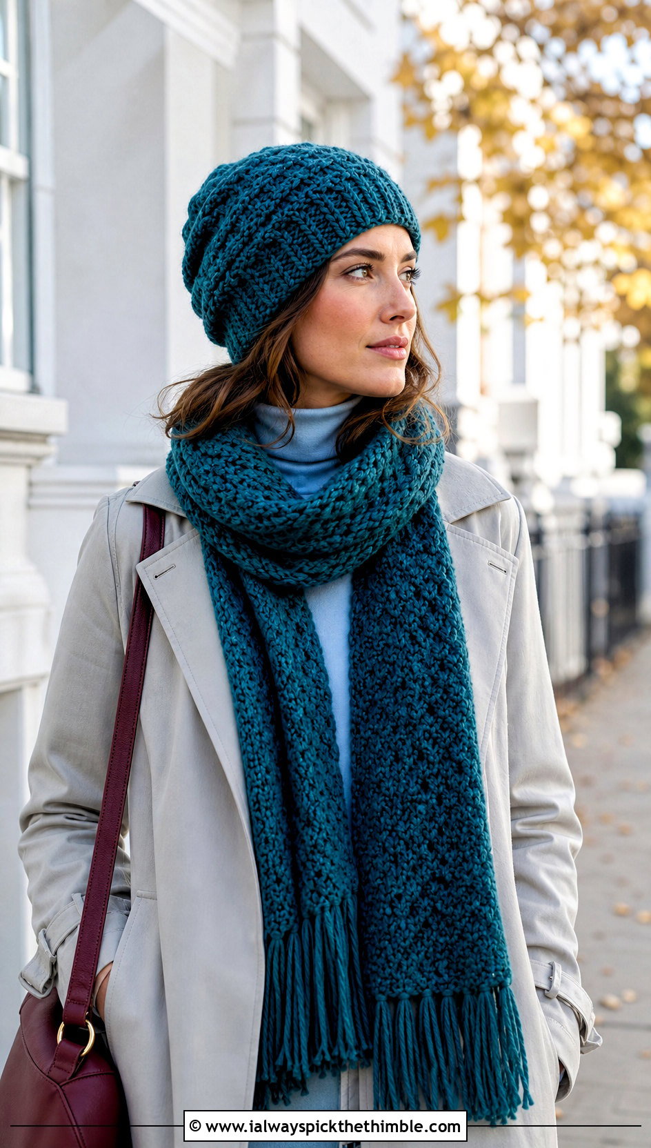 Slouchy Crochet Beanie And Fringed Scarf With Trench Coat - 15 Easy Crochet Hat And Scarf Set outfit ideas