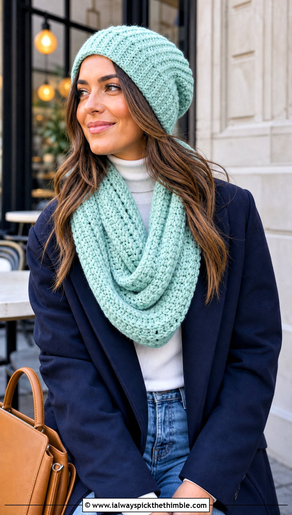 Slouchy Crochet Beanie And Infinity Scarf Set With Oversized Blazer - 20 crochet beanie and scarf set outfit ideas