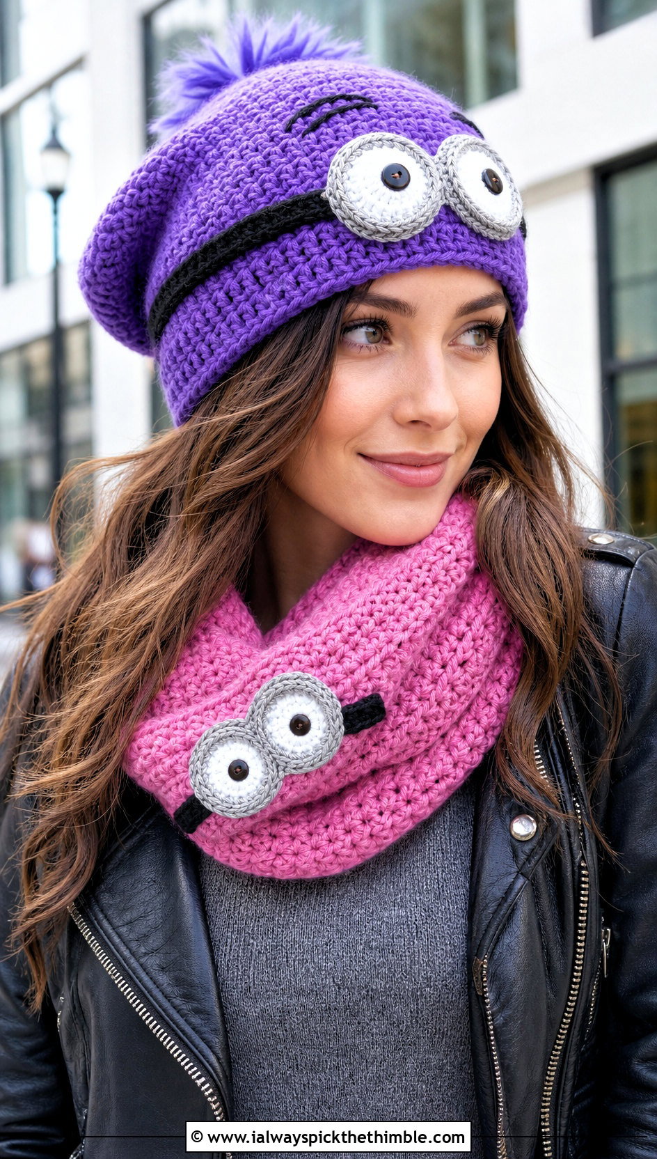Slouchy Crochet Beanie And Infinity Scarf With Leather Jacket - 15 minion-themed crochet hat and scarf outfit ideas