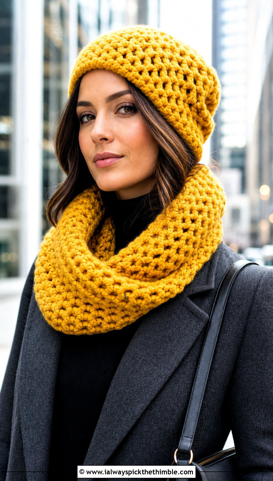 Slouchy Crochet Beanie And Infinity Scarf With Tailored Coat - 15 Crochet Scarf Hat outfit ideas