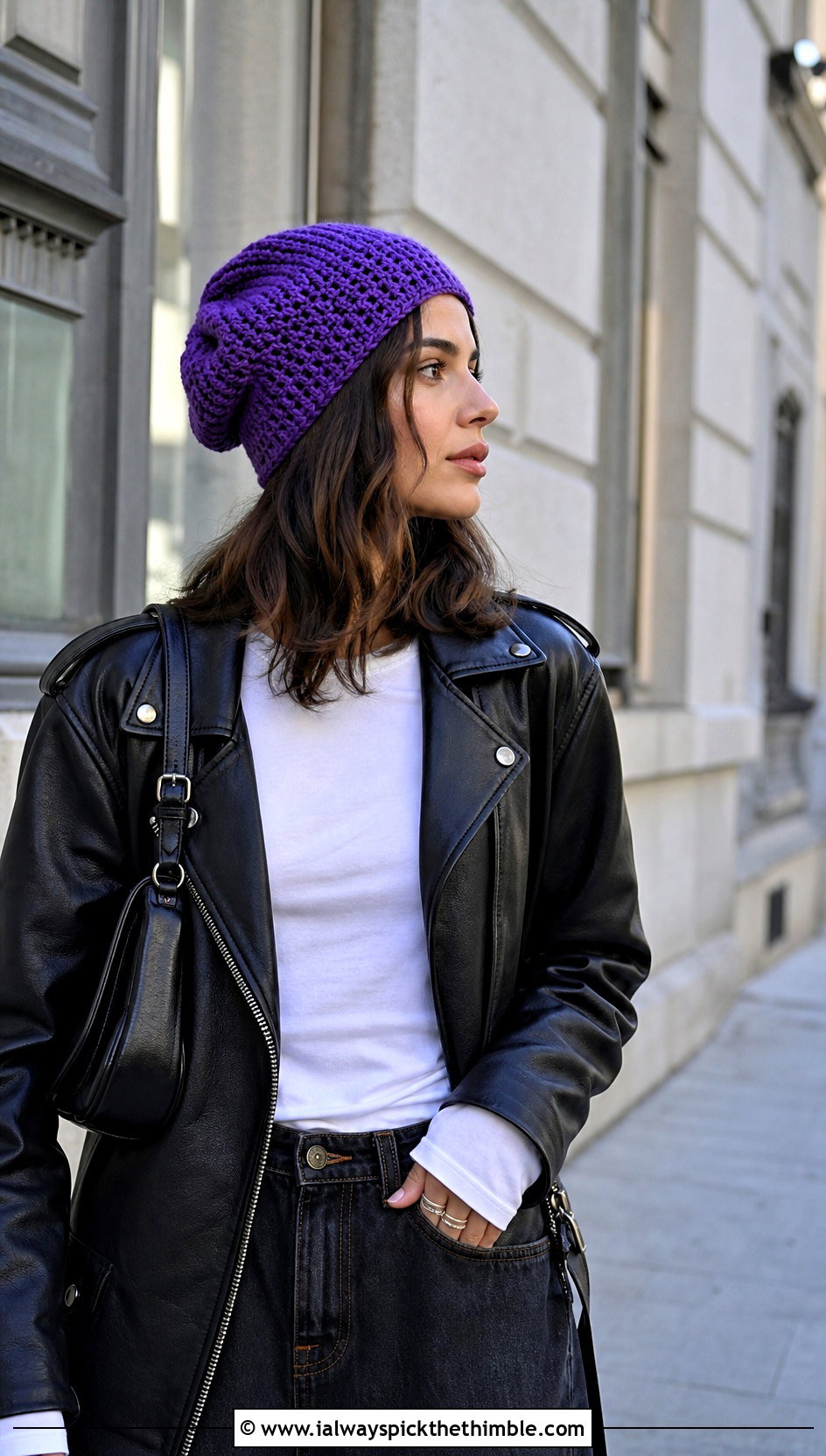 Slouchy Crochet Beanie Cap With Leather Jacket - 25 crochet cap outfit ideas