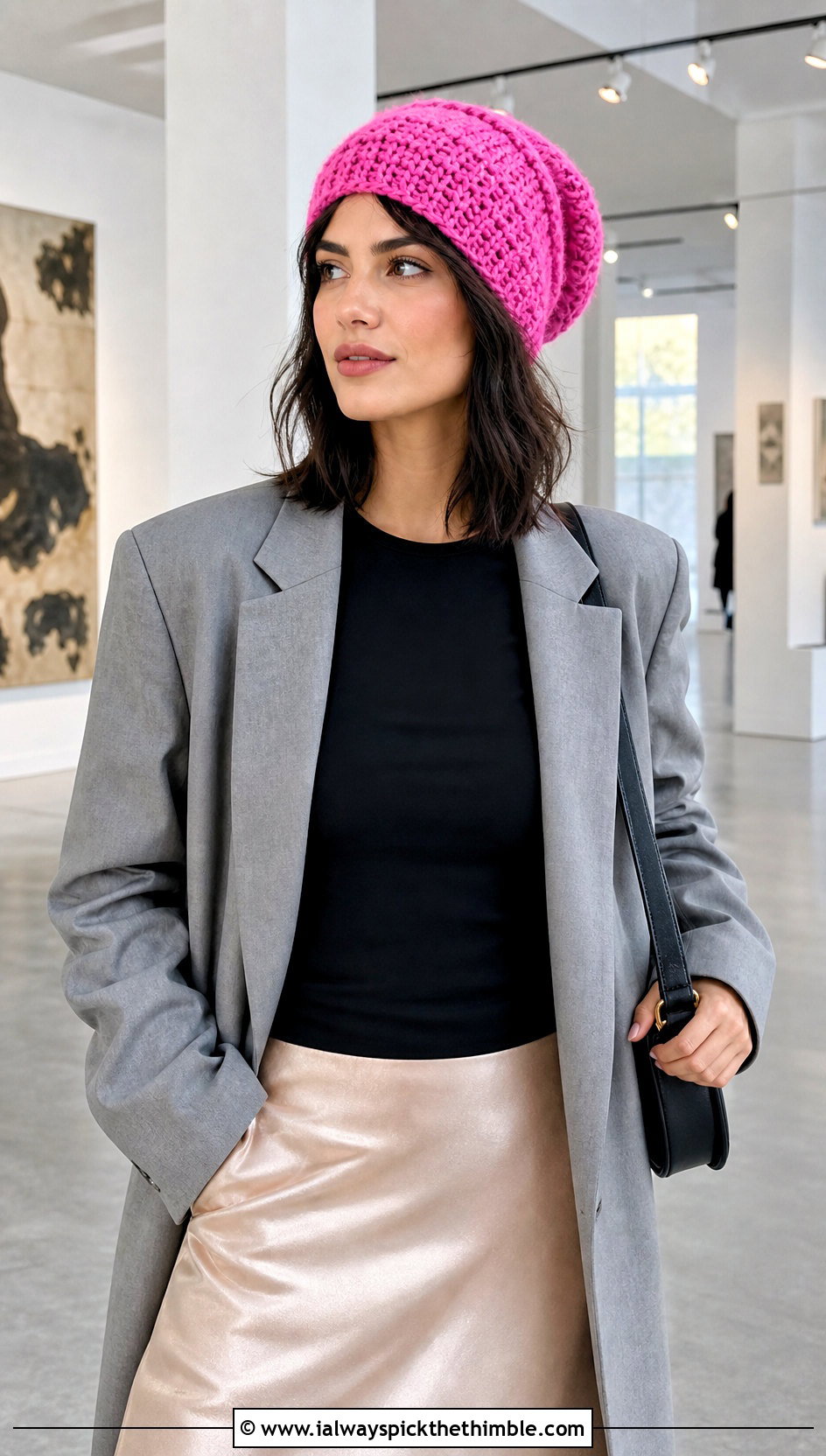Slouchy Crochet Beanie With Blazer And Satin Skirt - 20 beginner crochet hat outfit ideas