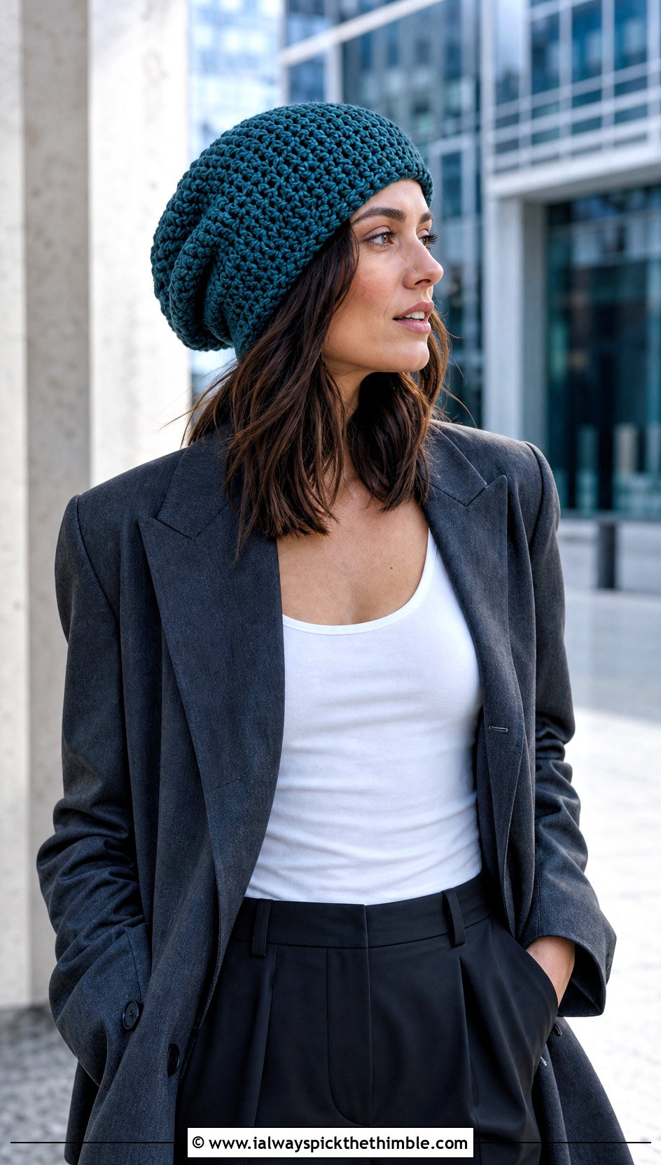 Slouchy Crochet Beanie With Blazer And Trousers - 25 quick crochet hat outfit ideas