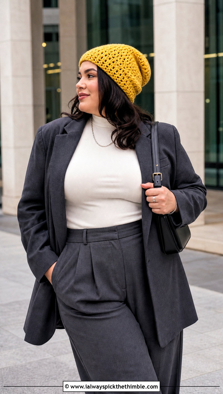 Slouchy Crochet Beanie With Blazer And Wide Leg Trousers - 15 Crochet Beanie All Sizes outfit ideas
