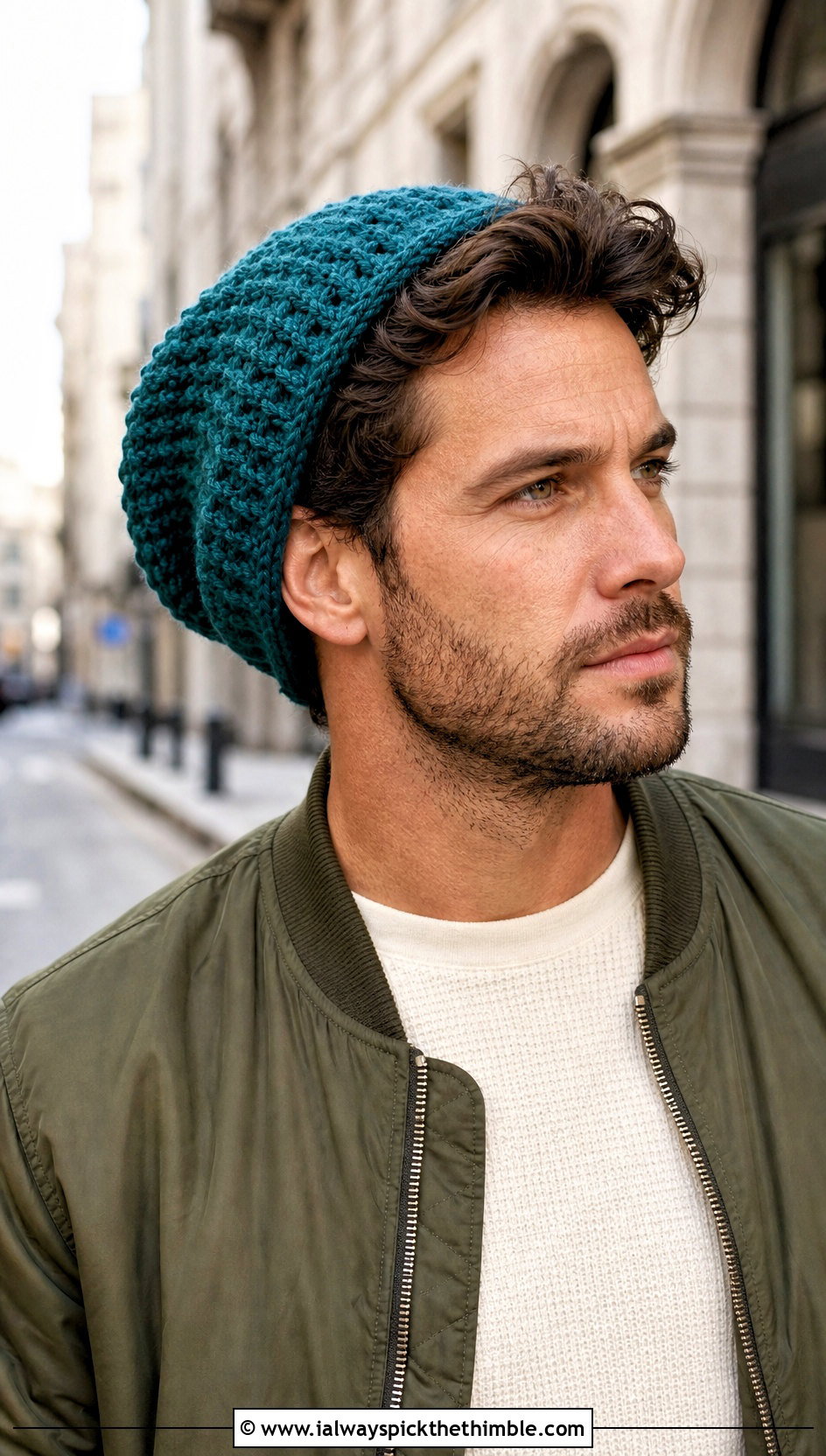 Slouchy Crochet Beanie With Bomber Jacket - 20 easy men's crochet beanie outfit ideas
