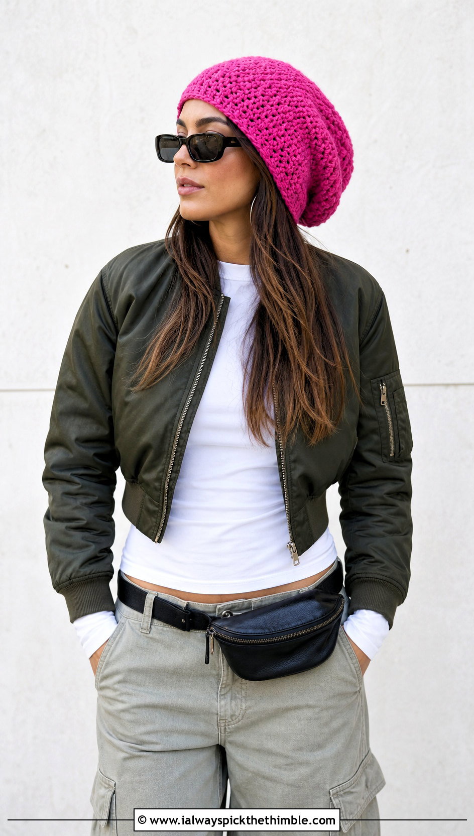 Slouchy Crochet Beanie With Bomber Jacket And Cargo Pants - 20 Fancy Crochet Hat outfit ideas
