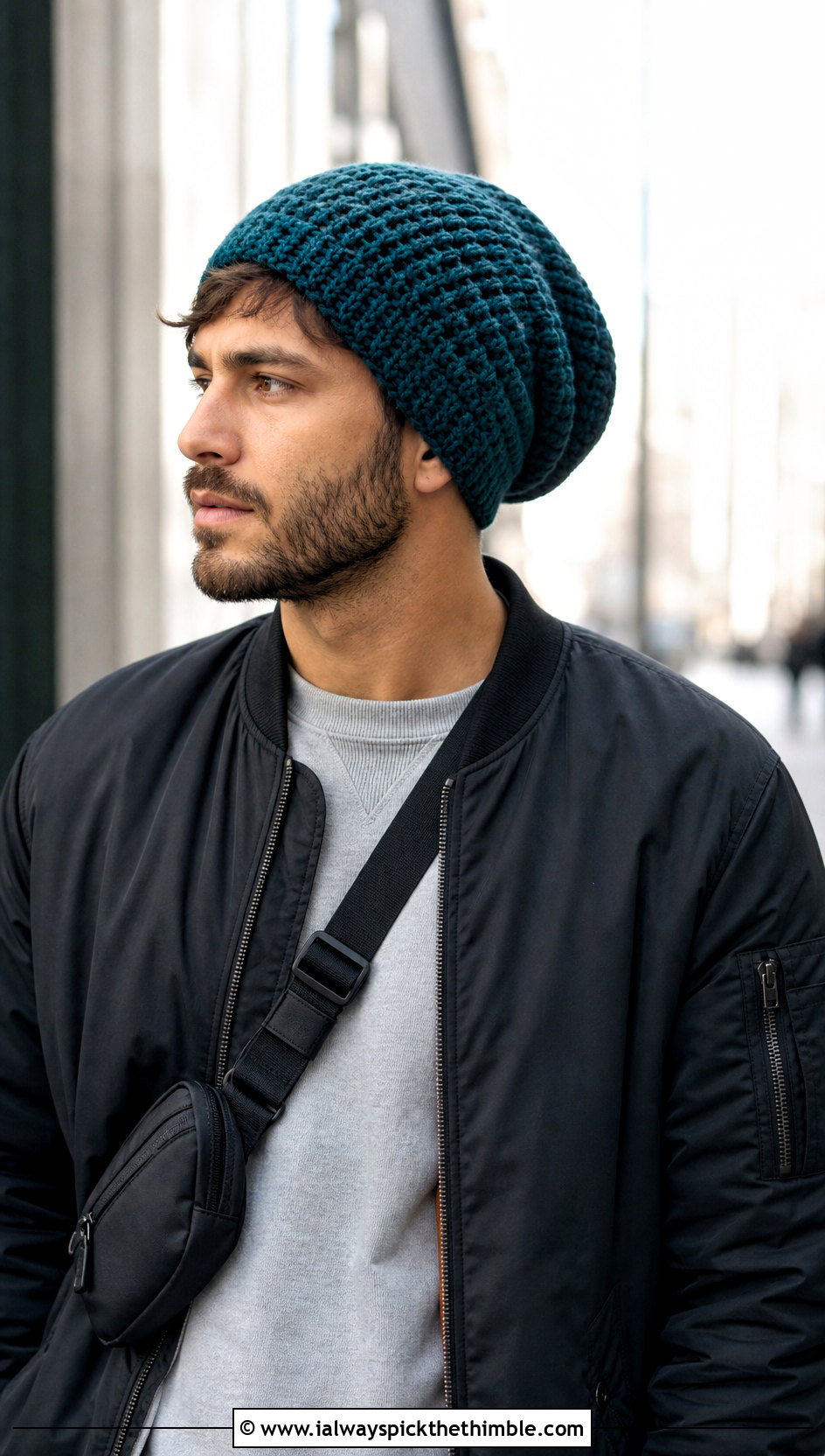 Slouchy Crochet Beanie With Bomber Jacket - 20 Crochet Mens Winter Hat outfit ideas