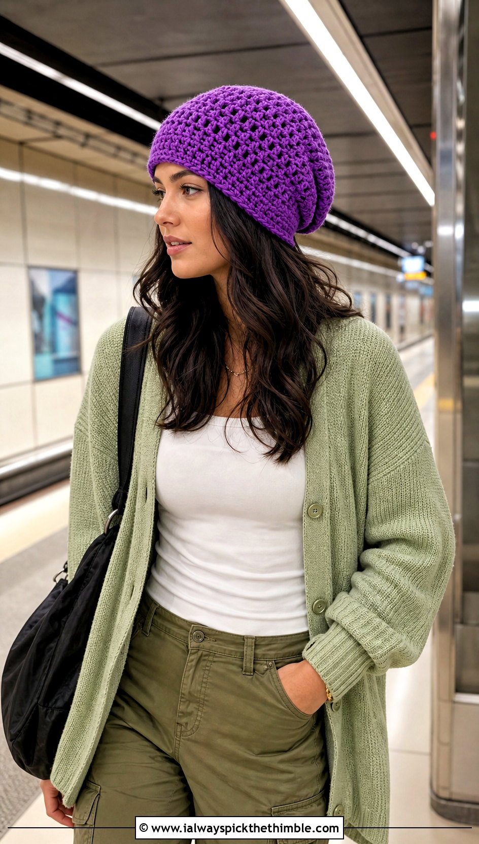 Slouchy Crochet Beanie With Cardigan And Cargo Pants - 25 crochet winter hat outfit ideas