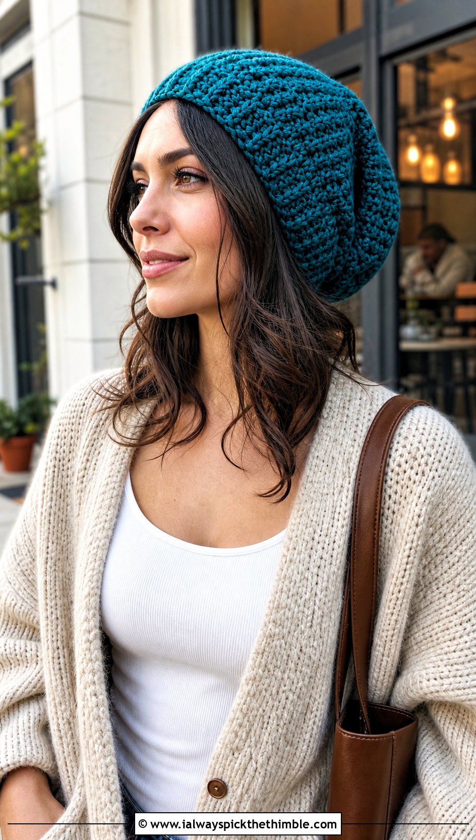 Slouchy Crochet Beanie With Cardigan And Wide Leg Jeans - 20 Easy Crochet Hats For Beginners outfit ideas