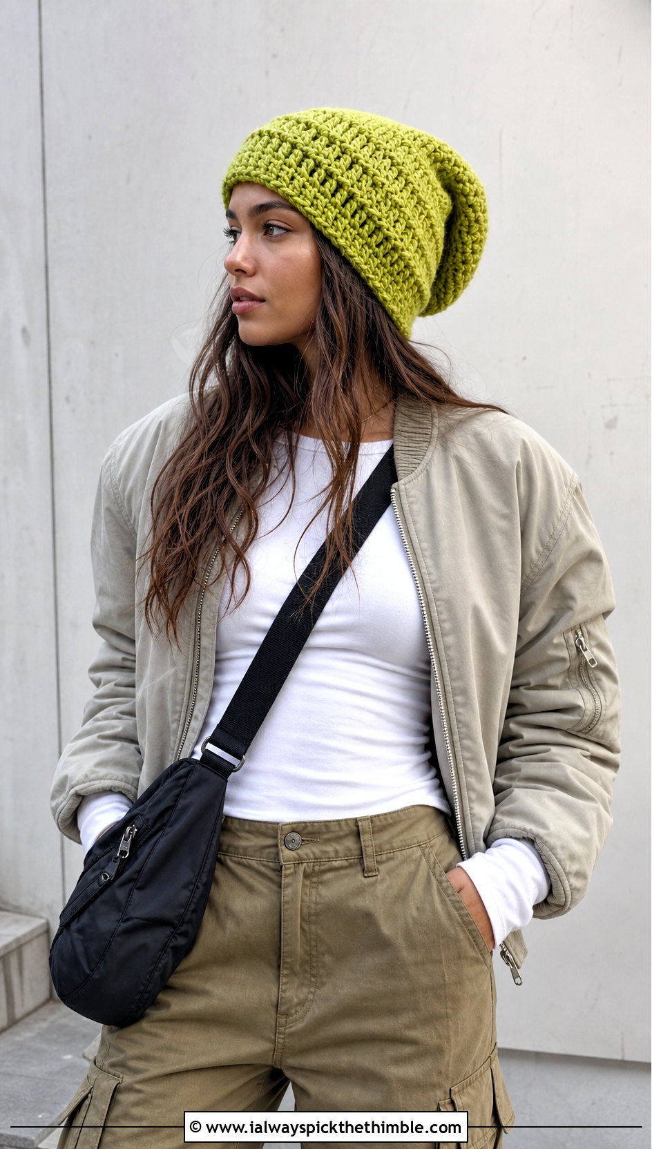 Slouchy Crochet Beanie With Cargo Pants - 20 easy crocheted hats outfit ideas