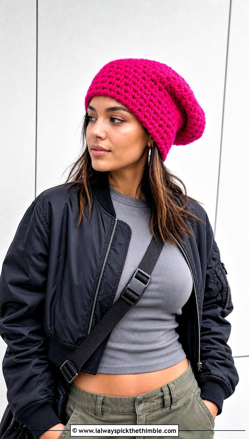 Slouchy Crochet Beanie With Cargo Pants And Bomber Jacket - 25 fun crochet hats outfit ideas