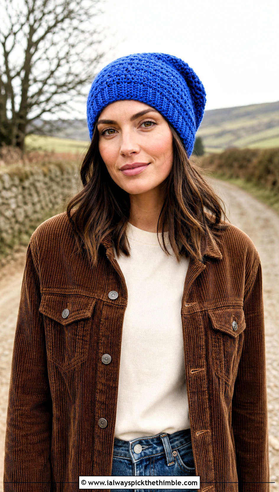 Slouchy Crochet Beanie With Corduroy Jacket And Jeans - 20 country cottage crochet beanie outfit ideas