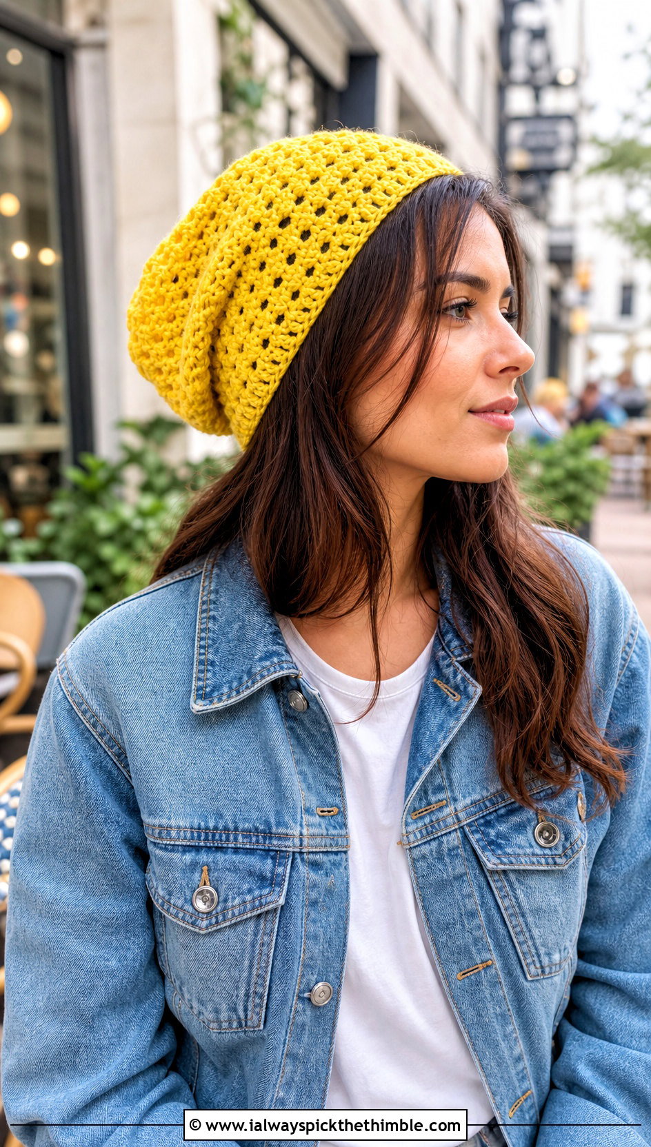 Slouchy Crochet Beanie With Denim Jacket - 15 cool crochet beanie outfit ideas