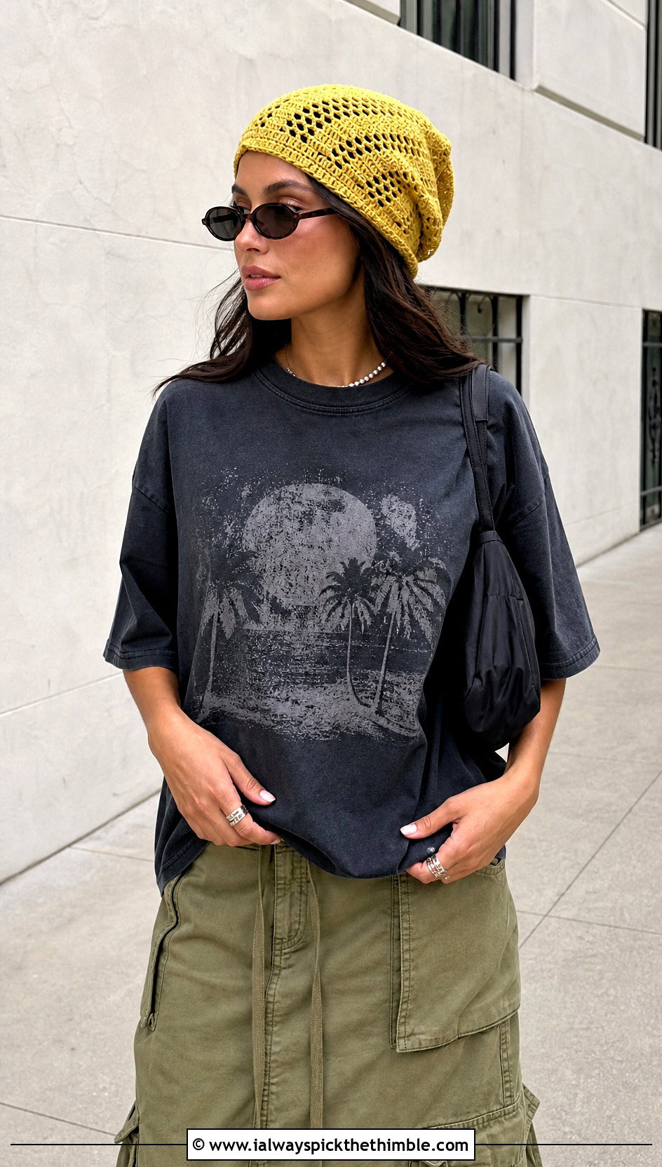 Slouchy Crochet Beanie With Graphic Tee And Cargo Skirt - 20 summer crochet beanie outfit ideas