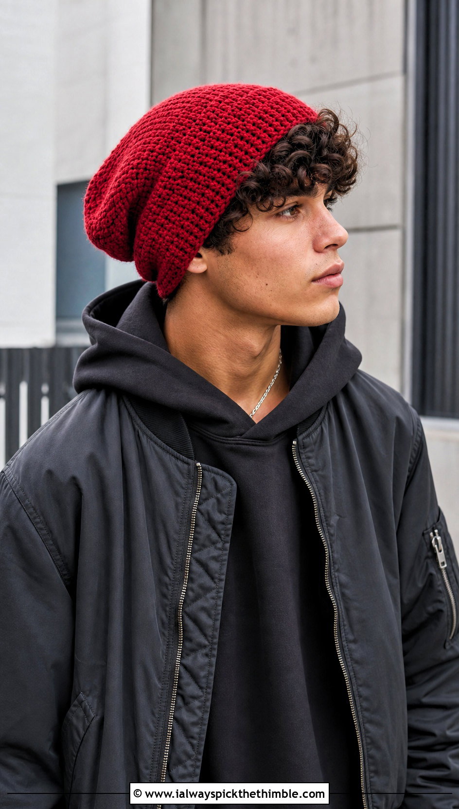 Slouchy Crochet Beanie With Hoodie And Baggy Jeans - 25 crochet hat for men outfit ideas