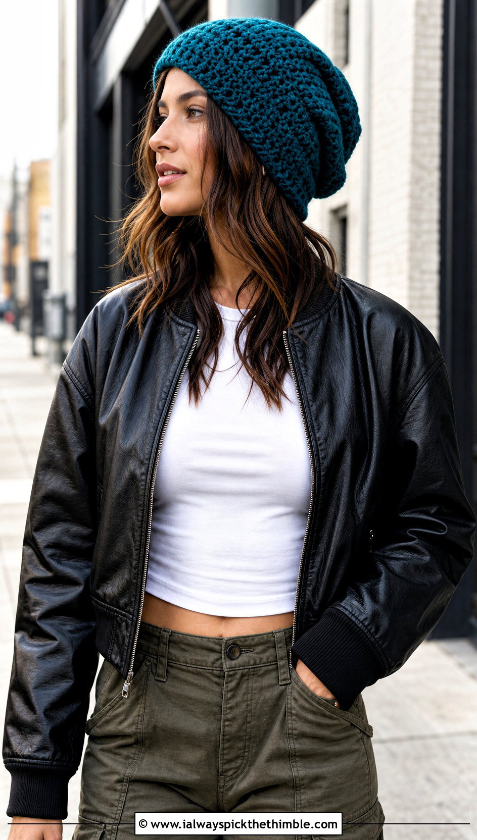Slouchy Crochet Beanie With Leather Bomber And Cargo Pants - 25 crochet beanies outfit ideas