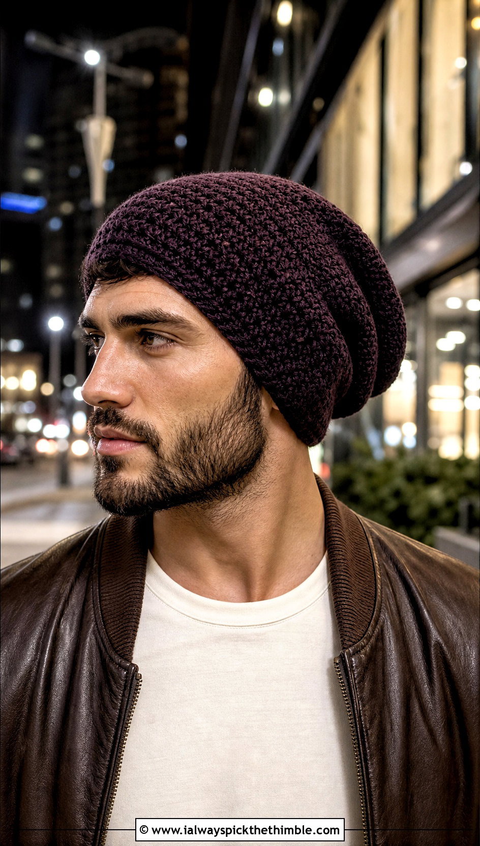 Slouchy Crochet Beanie With Leather Bomber Jacket - 25 crochet hat men outfit ideas