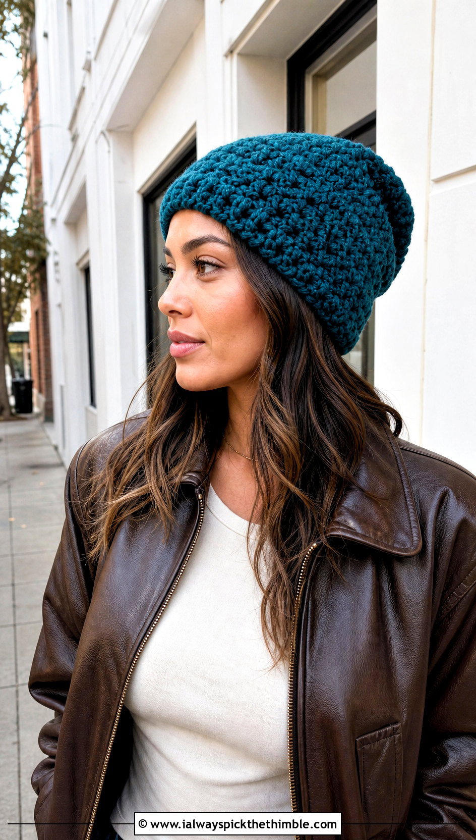 Slouchy Crochet Beanie With Leather Bomber Jacket - 20 Quick Crochet Hats outfit ideas