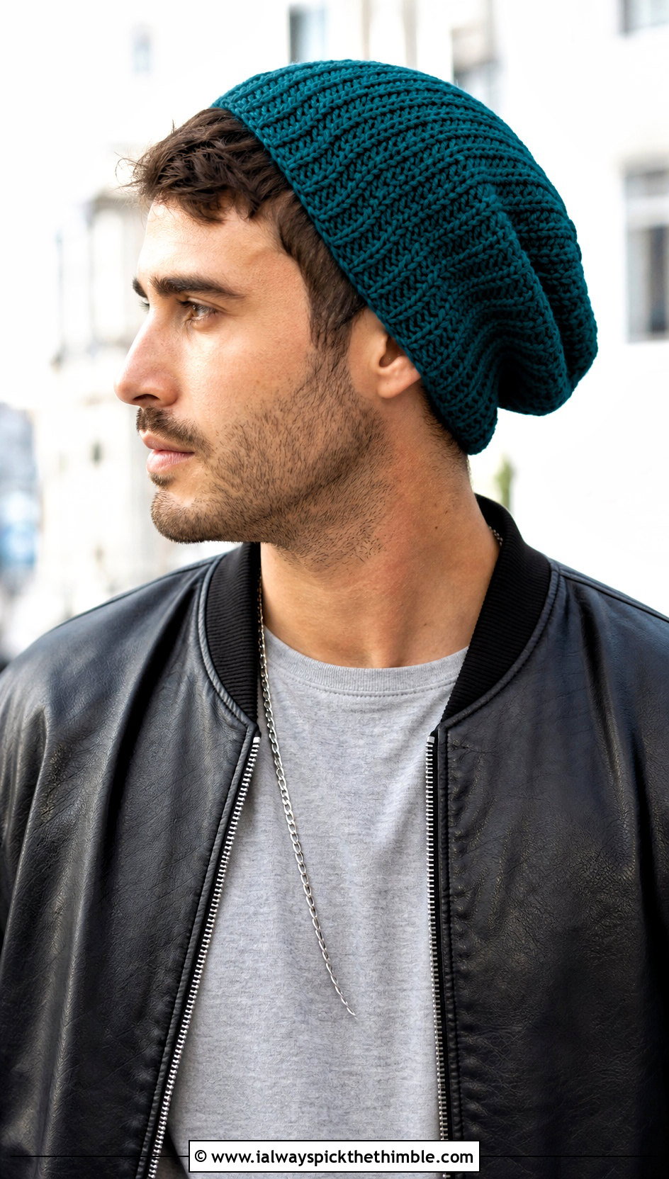Slouchy Crochet Beanie With Leather Bomber - 20 mens crochet hats men's beanie outfit ideas