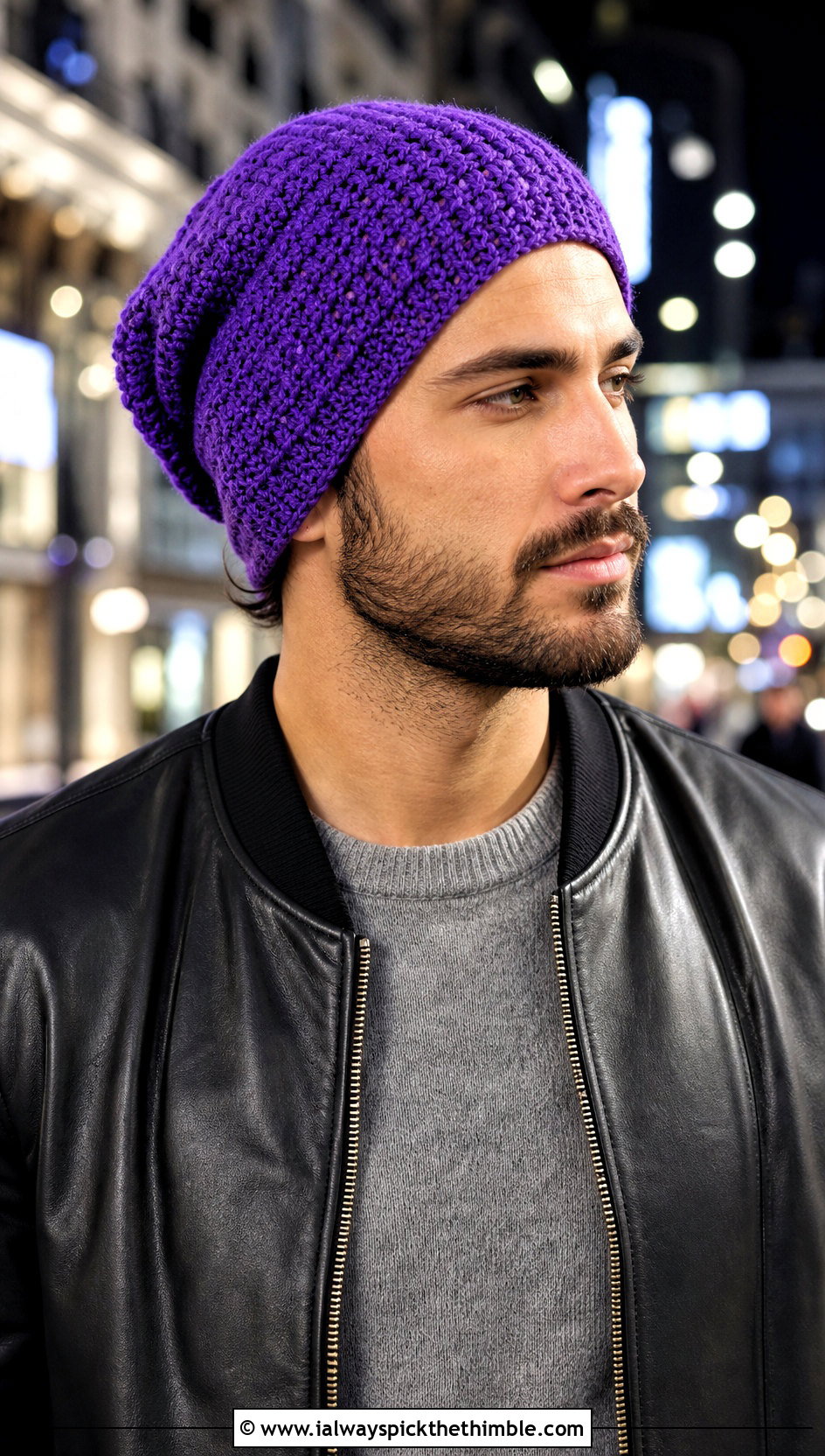 Slouchy Crochet Beanie With Leather Jacket - 15 Crochet Men's Hats outfit ideas