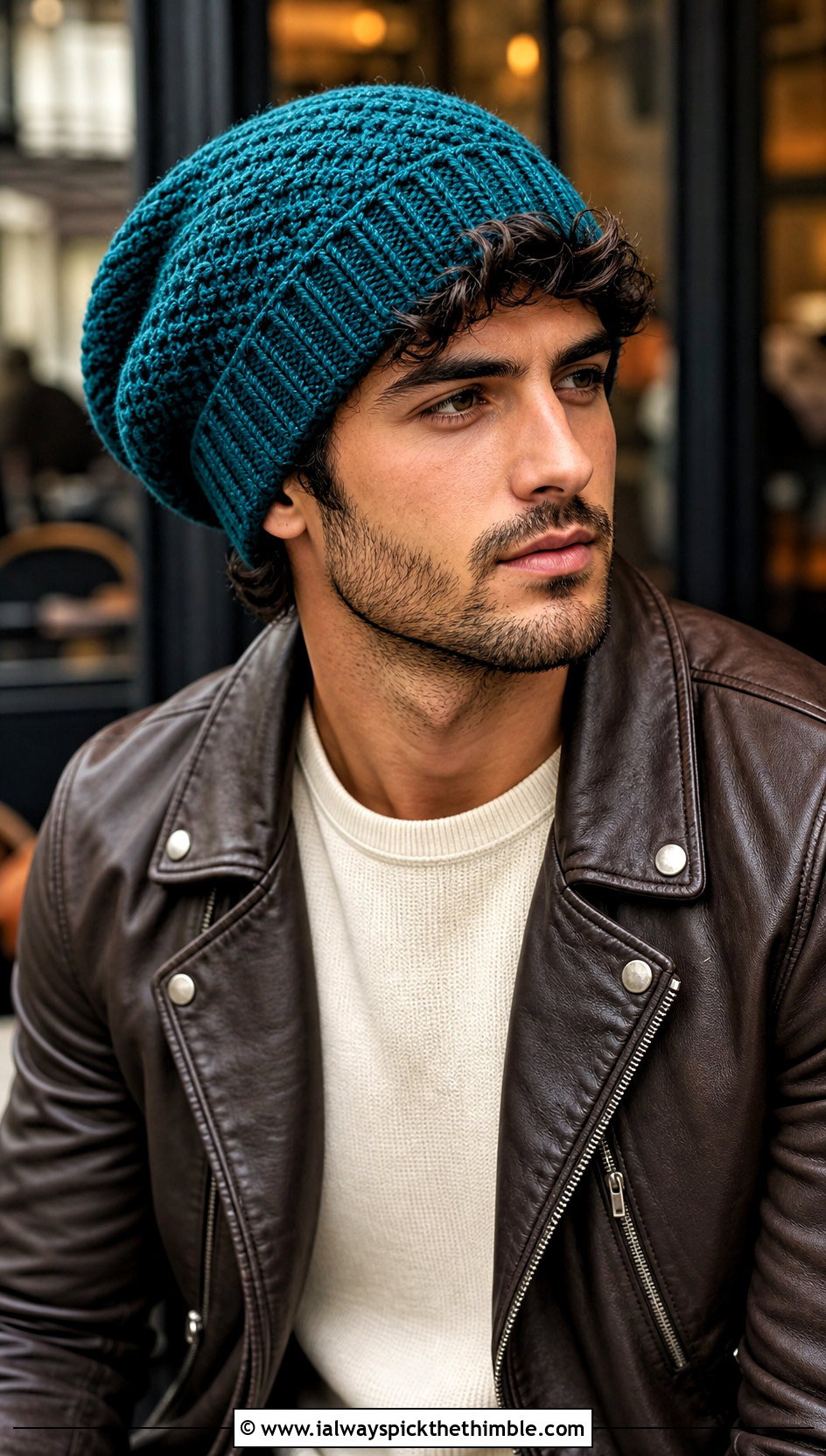 Slouchy Crochet Beanie With Leather Jacket - 20 crocheted mens hats outfit ideas