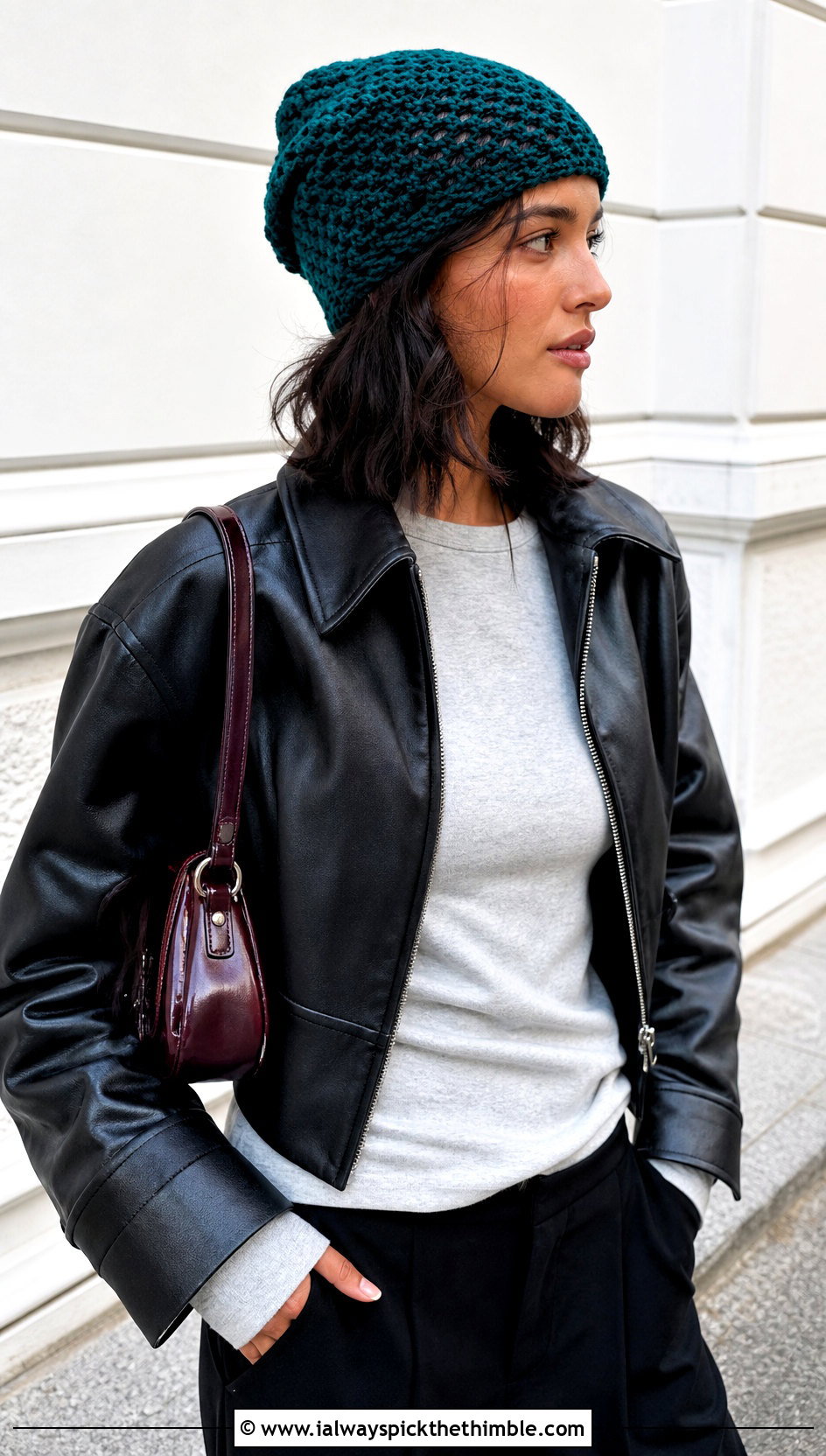 Slouchy Crochet Beanie With Leather Jacket - 20 easy simple crochet hats for beginners outfit ideas