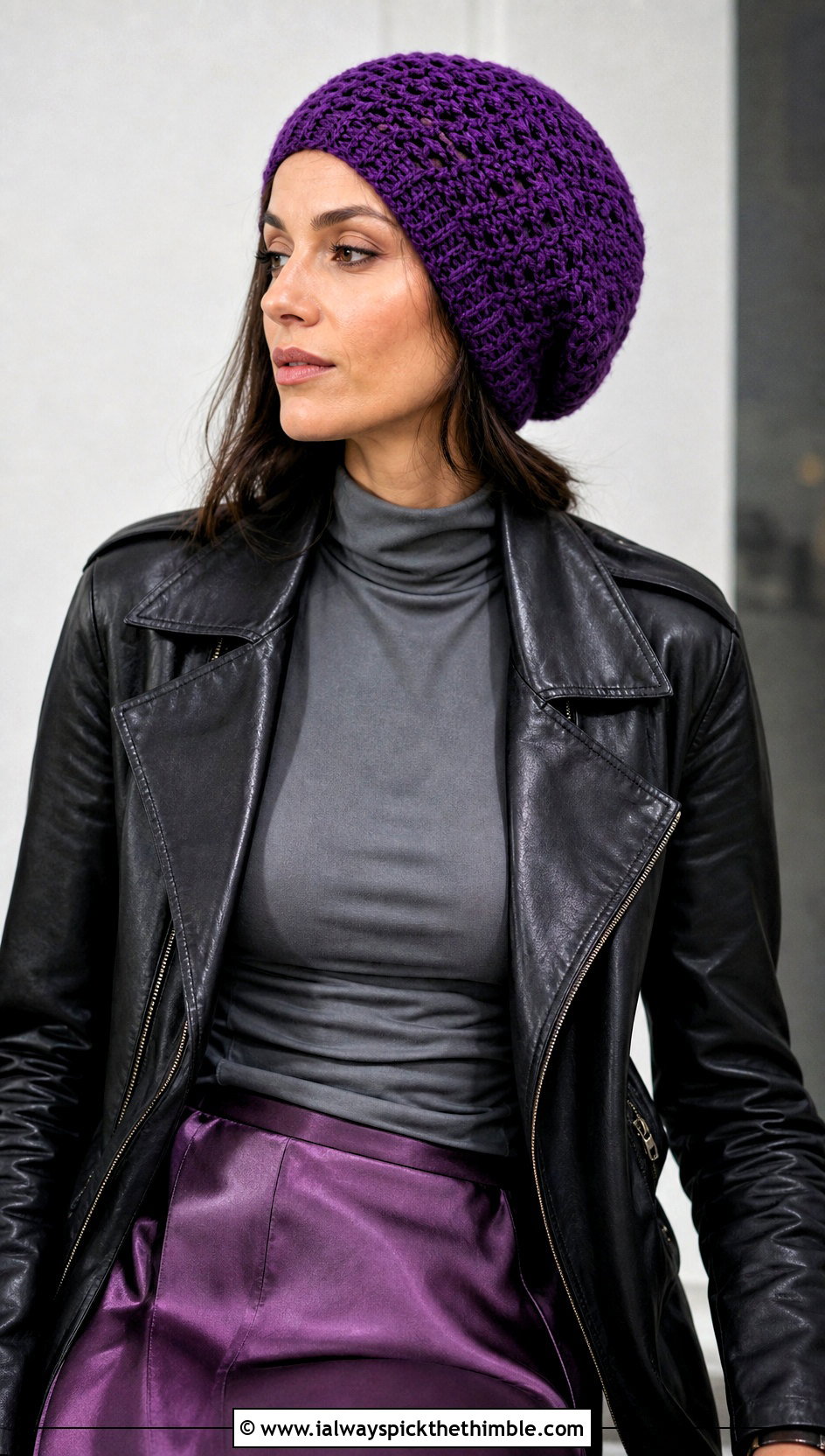 Slouchy Crochet Beanie With Leather Jacket - 20 Fall Crochet Beanie outfit ideas