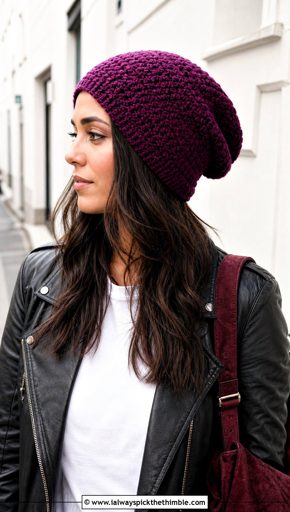 Slouchy Crochet Beanie With Leather Jacket - 20 Quick And Easy Crochet Hat outfit ideas