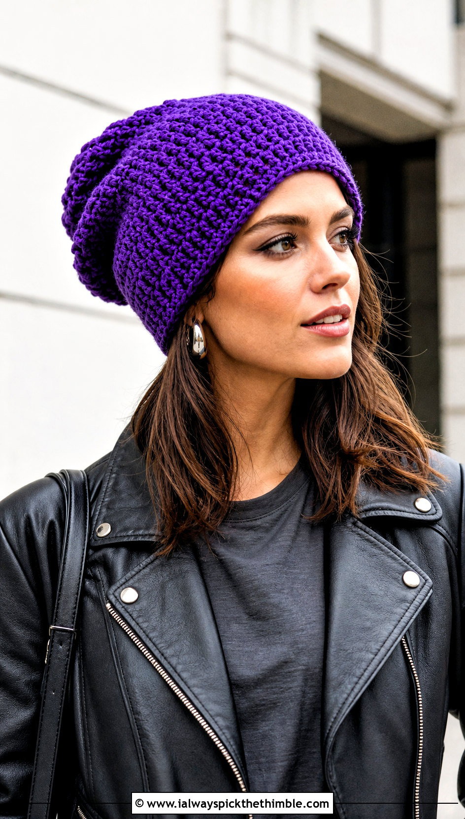 Slouchy Crochet Beanie With Leather Jacket - 20 winter crochet hats outfit ideas