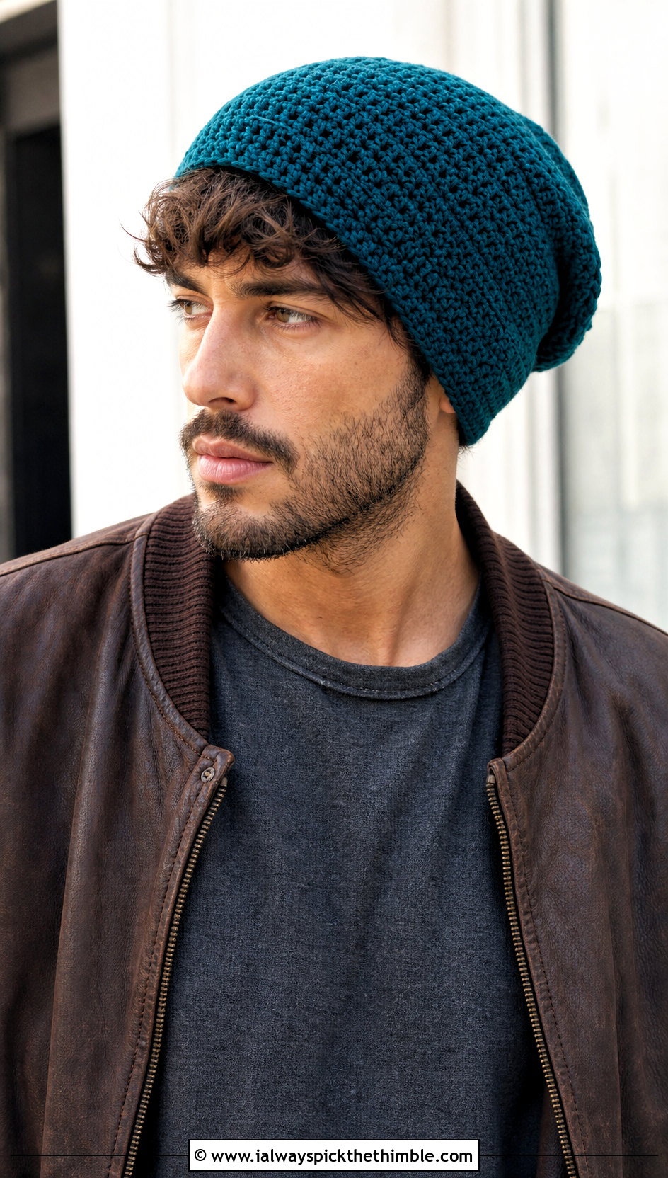 Slouchy Crochet Beanie With Leather Jacket - 25 crochet hats men outfit ideas