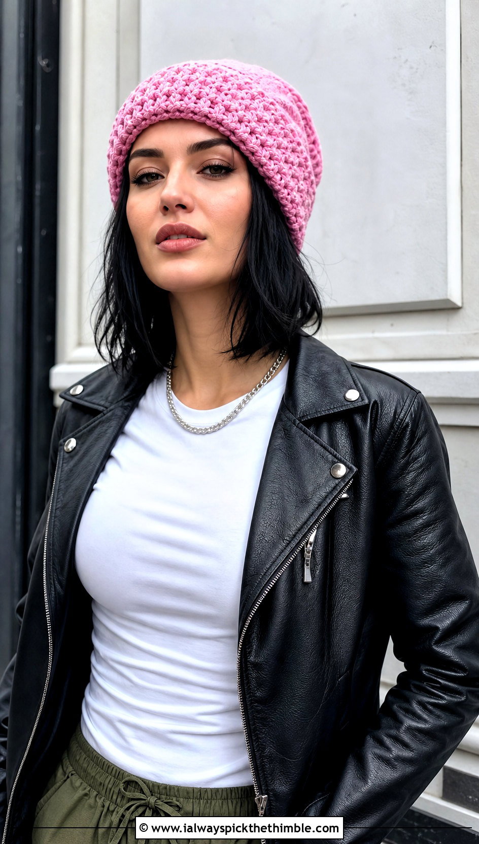Slouchy Crochet Beanie With Leather Jacket - 15 Crochet Women's Hats outfit ideas