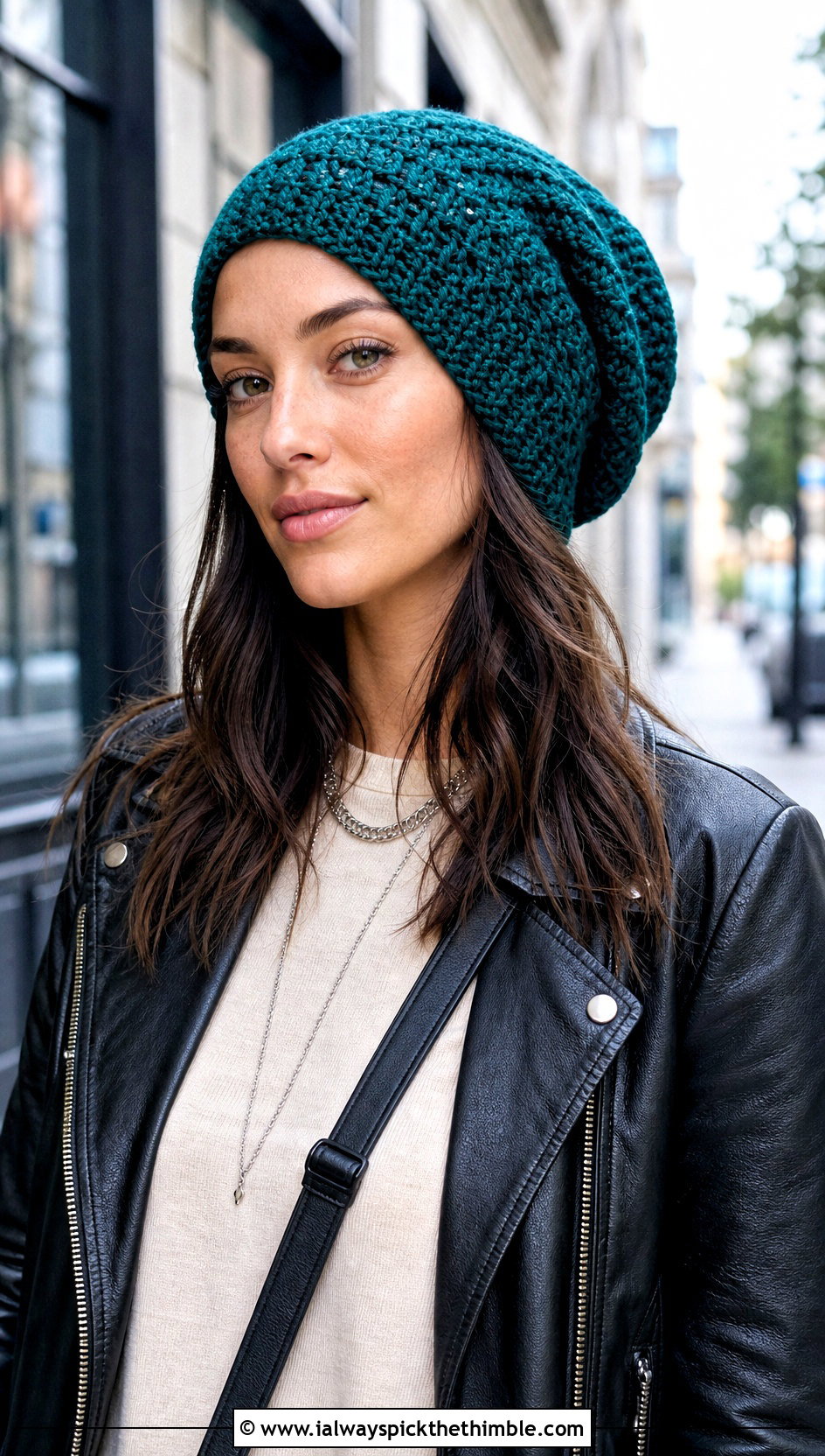 Slouchy Crochet Beanie With Leather Jacket - 25 crocheted hats outfit ideas
