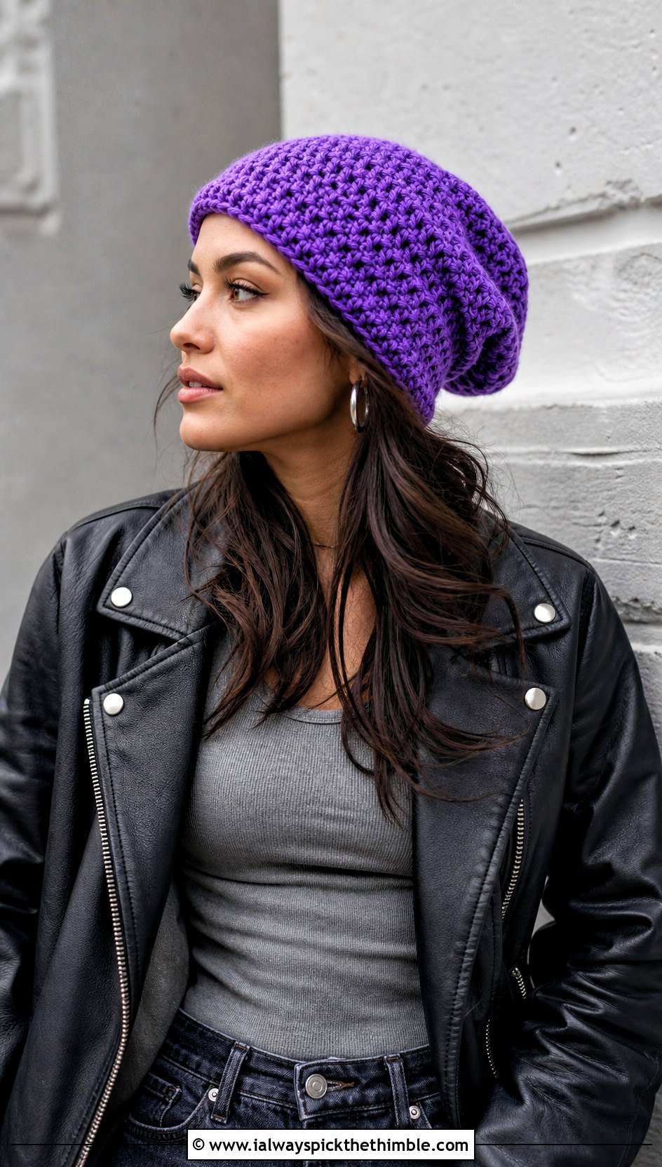 Slouchy Crochet Beanie With Leather Jacket - 25 easy crochet hat for women outfit ideas