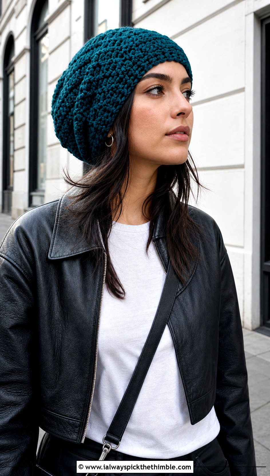 Slouchy Crochet Beanie With Leather Jacket - 25 easy crochet hats outfit ideas