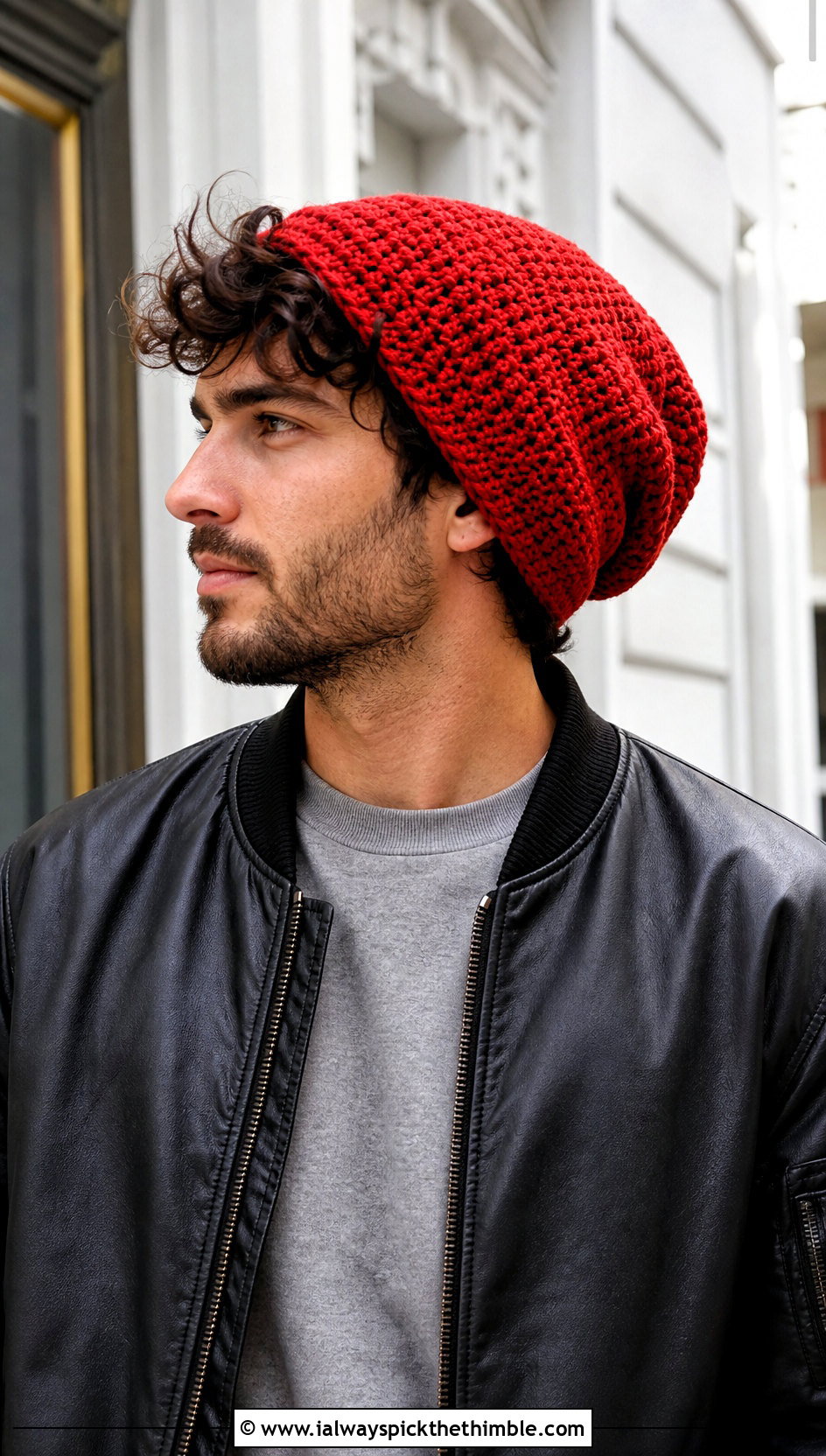 Slouchy Crochet Beanie With Leather Jacket - 25 Men Crochet Beanie outfit ideas