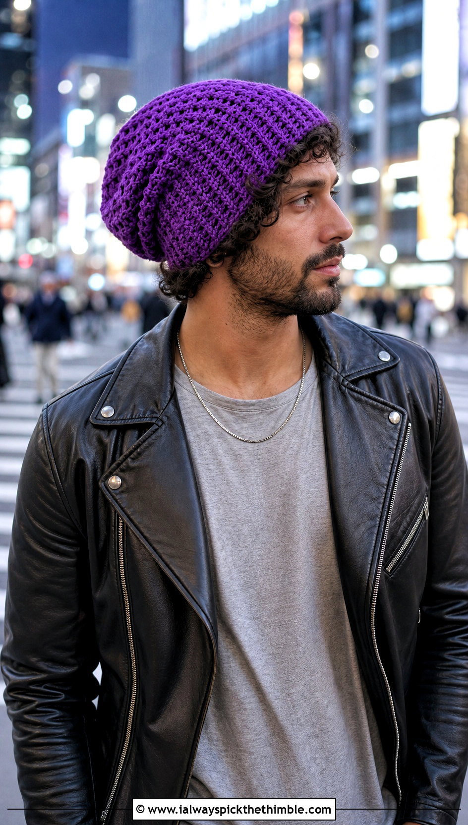 Slouchy Crochet Beanie With Leather Jacket - 25 men's crochet hat outfit ideas