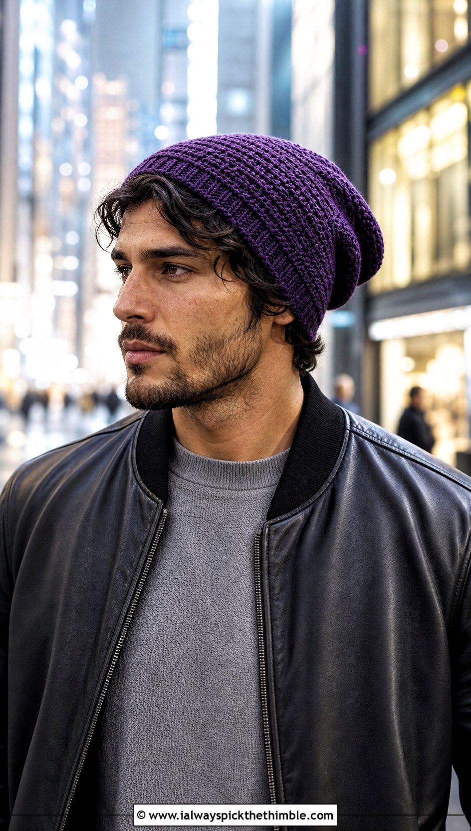 Slouchy Crochet Beanie With Leather Jacket - 25 mens crochet hat outfit ideas